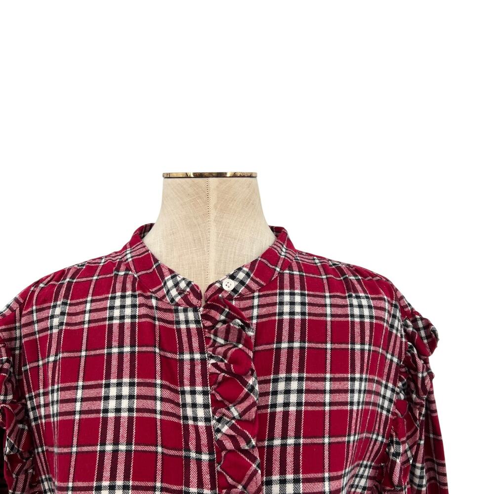 Something Navy Flannel Plaid Ruffle Shirt Red Combo XXL 100% Cotton Button Up - Picture 4 of 15